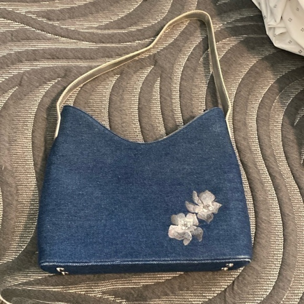 Denim Shoulder Bag with Floral Embroidery - Blue